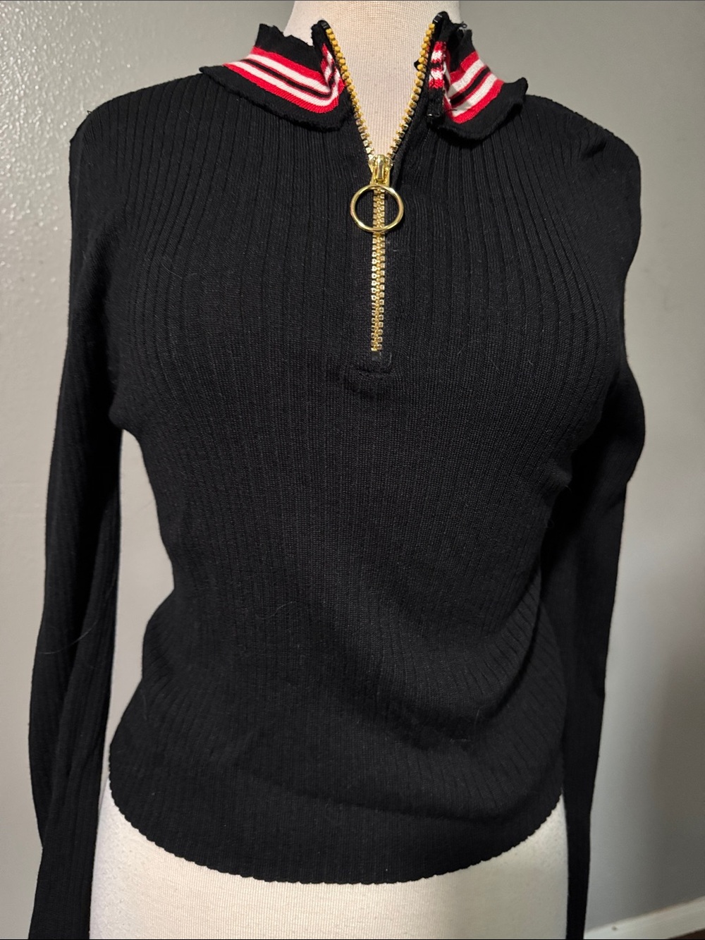 Planet Gold black ribbed knit quarter zip sweater